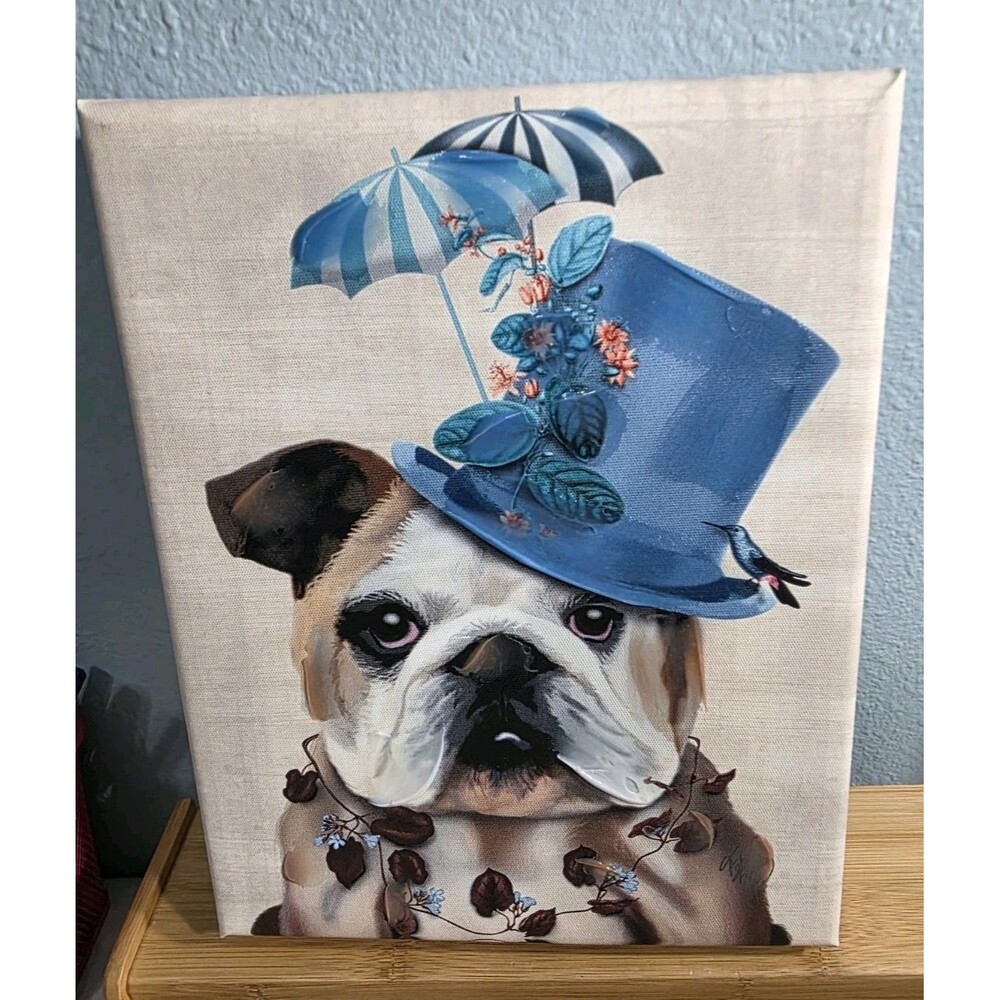 Fab Funky Bulldog Canvas Wall Art 10X8 Blue Top Hat Umbrella Whimsical Signed